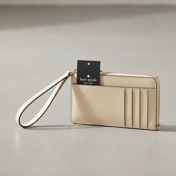 Kate Spade Lucy Spade Flower Small Card Holder Wristlet, Dark Beige New - Picture 4 of 5